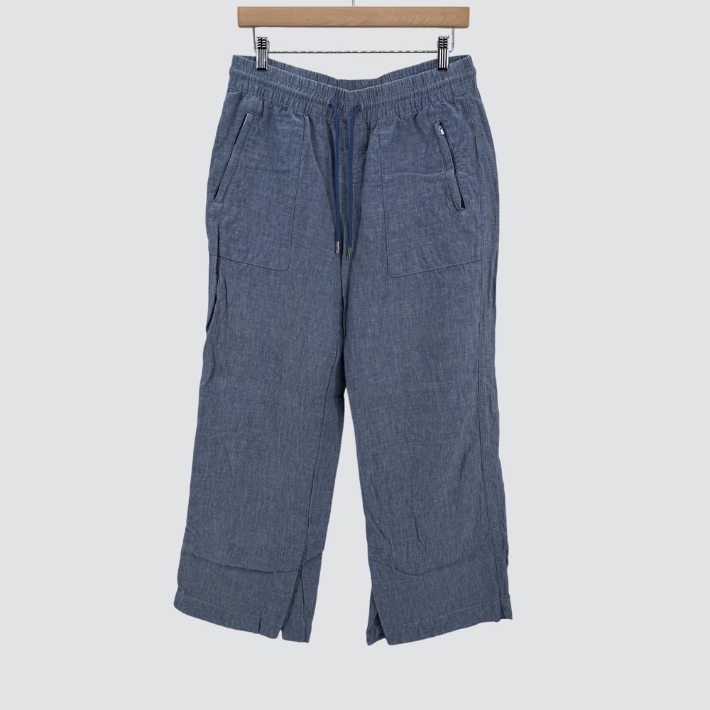 Athleta Cabo Linen Wide Leg Pants Womens 8P Blue Coastal Cropped‎ Drawstring